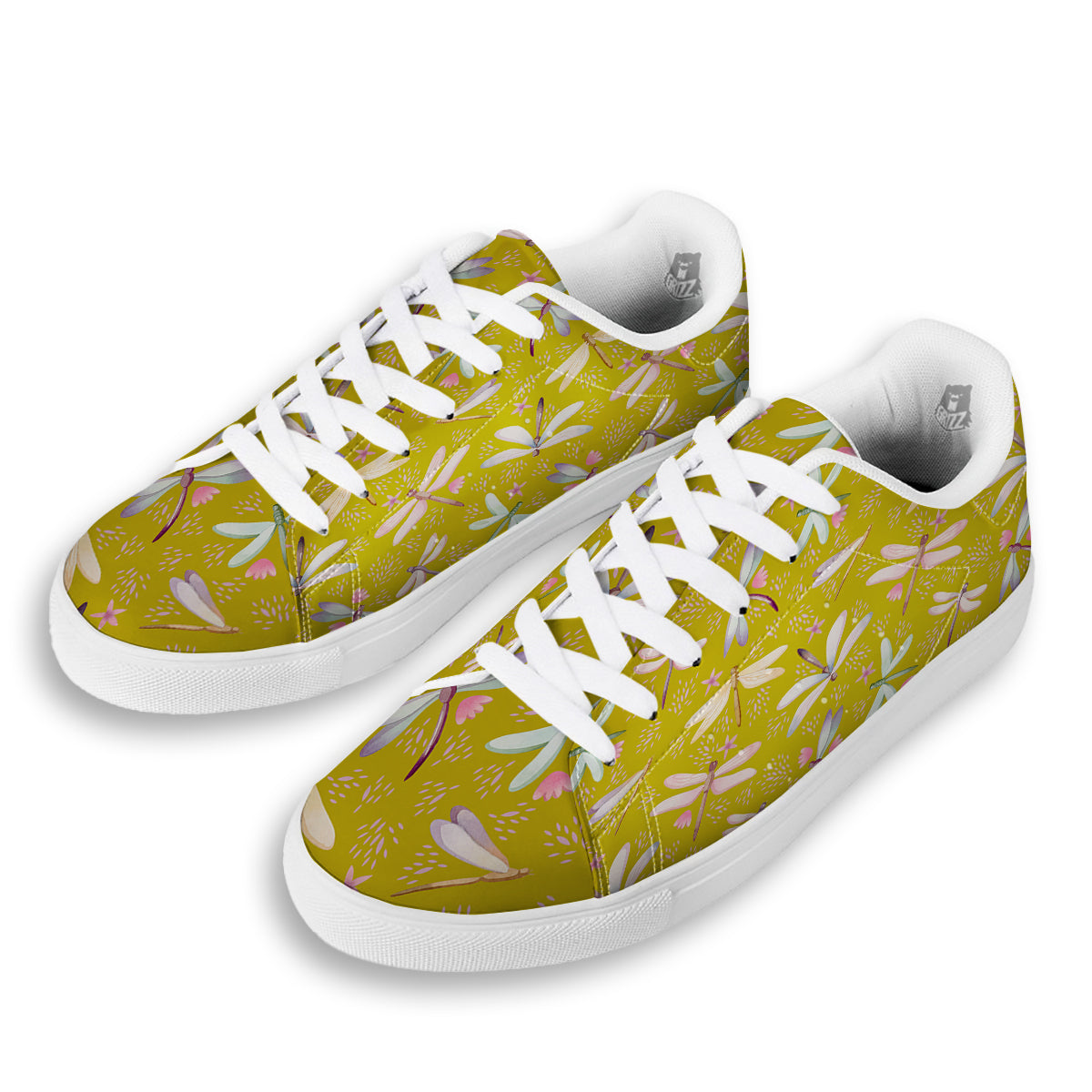 Dragonfly Yellow Watercolor Print Pattern White Low Top Sneakers-grizzshop