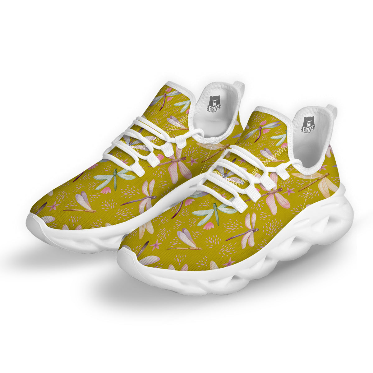 Dragonfly Yellow Watercolor Print Pattern White Running Shoes-grizzshop