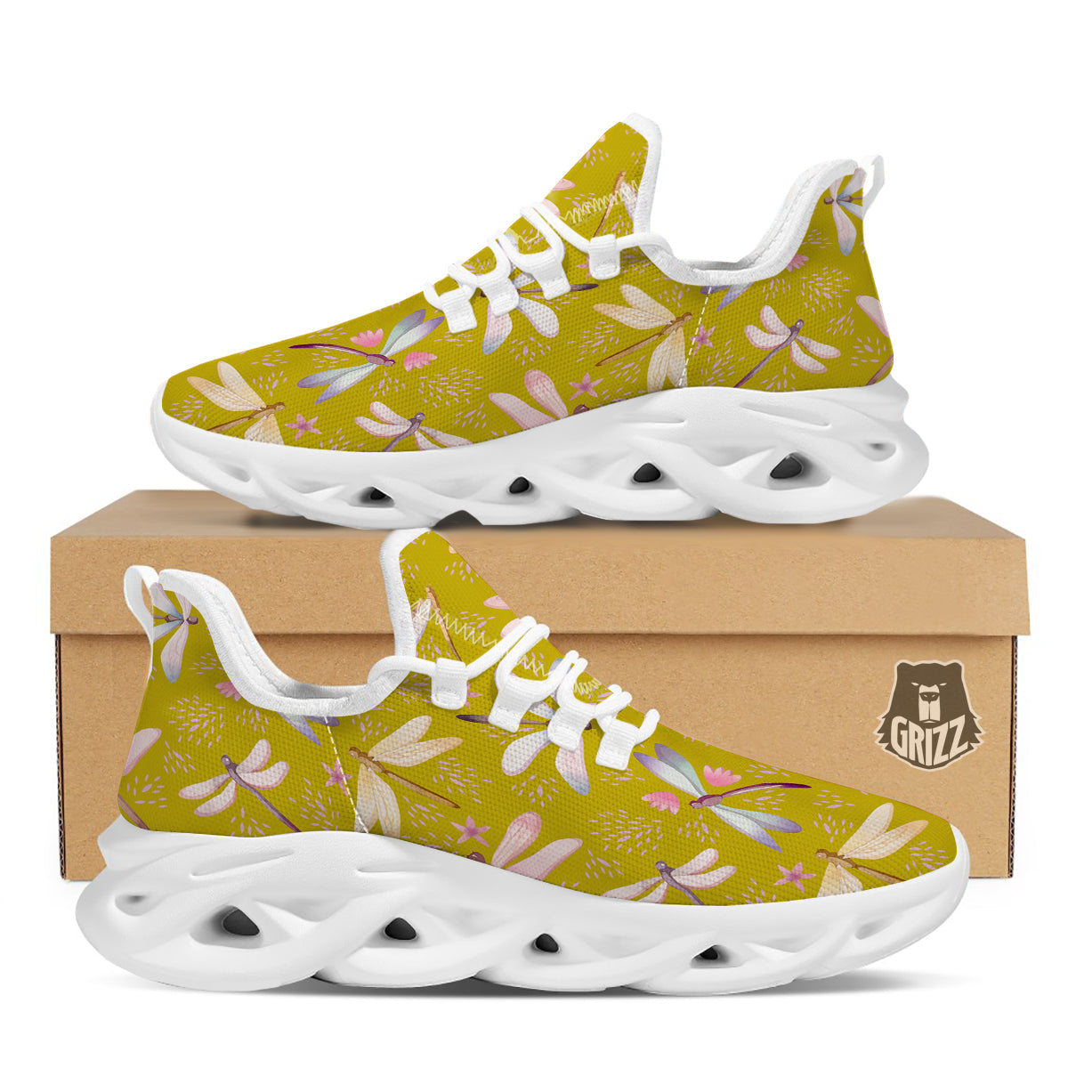 Dragonfly Yellow Watercolor Print Pattern White Running Shoes-grizzshop