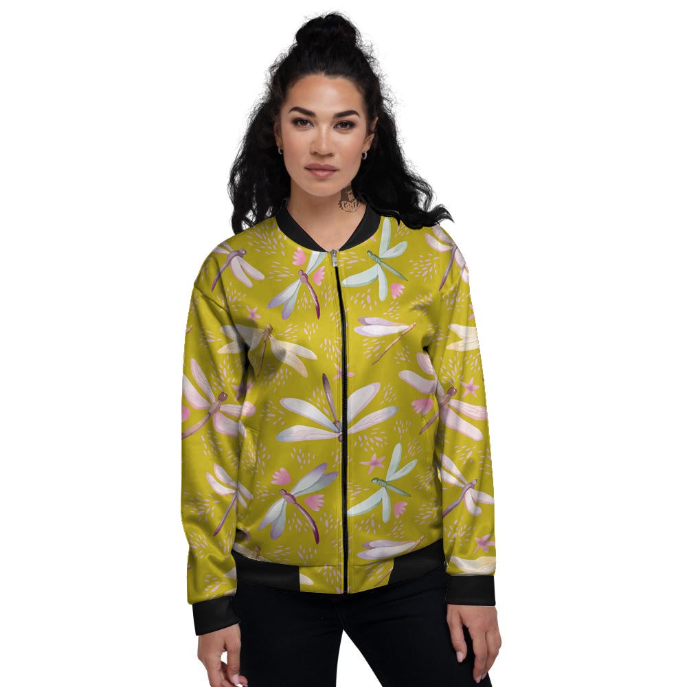 Dragonfly Yellow Watercolor Print Pattern Women's Bomber Jacket-grizzshop