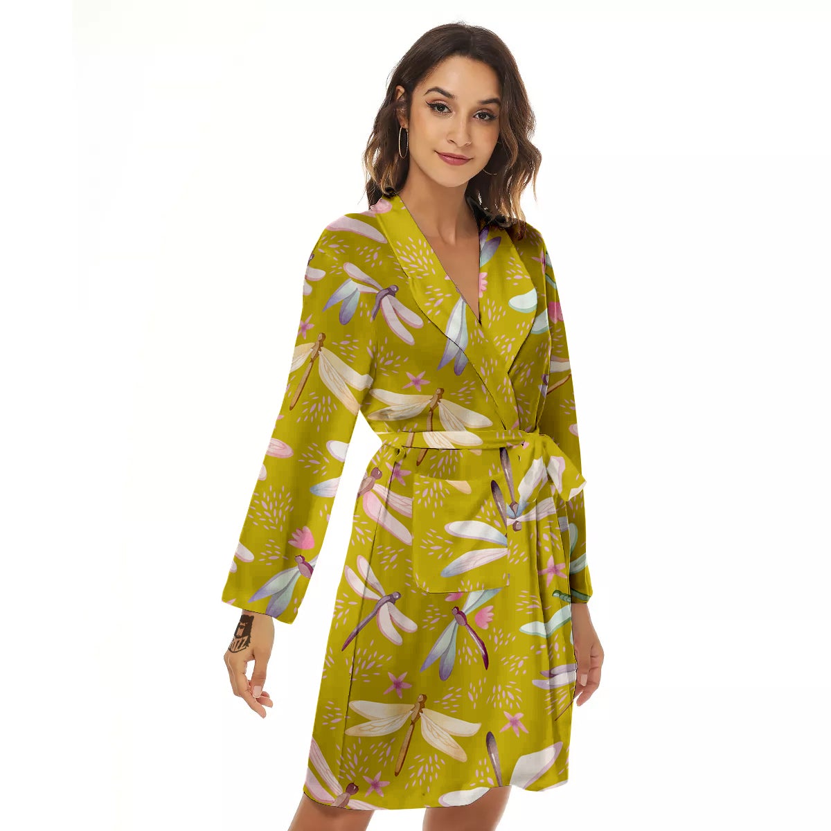 Dragonfly Yellow Watercolor Print Pattern Women's Robe-grizzshop