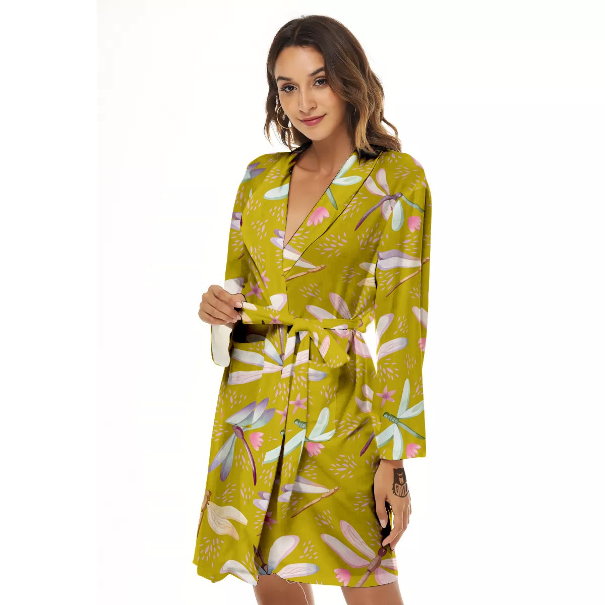 Dragonfly Yellow Watercolor Print Pattern Women's Robe-grizzshop