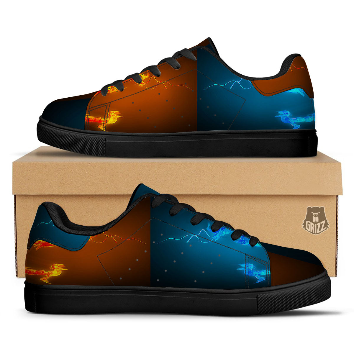 Dragons Ice And Fire Print Black Low Top Sneakers-grizzshop