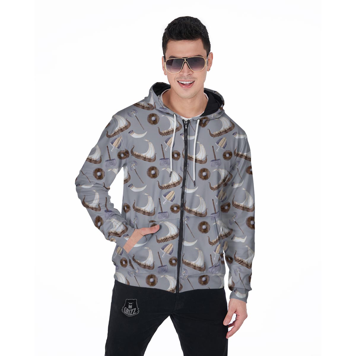 Drakkar Viking Ship Men's Zip Up Hoodie-grizzshop