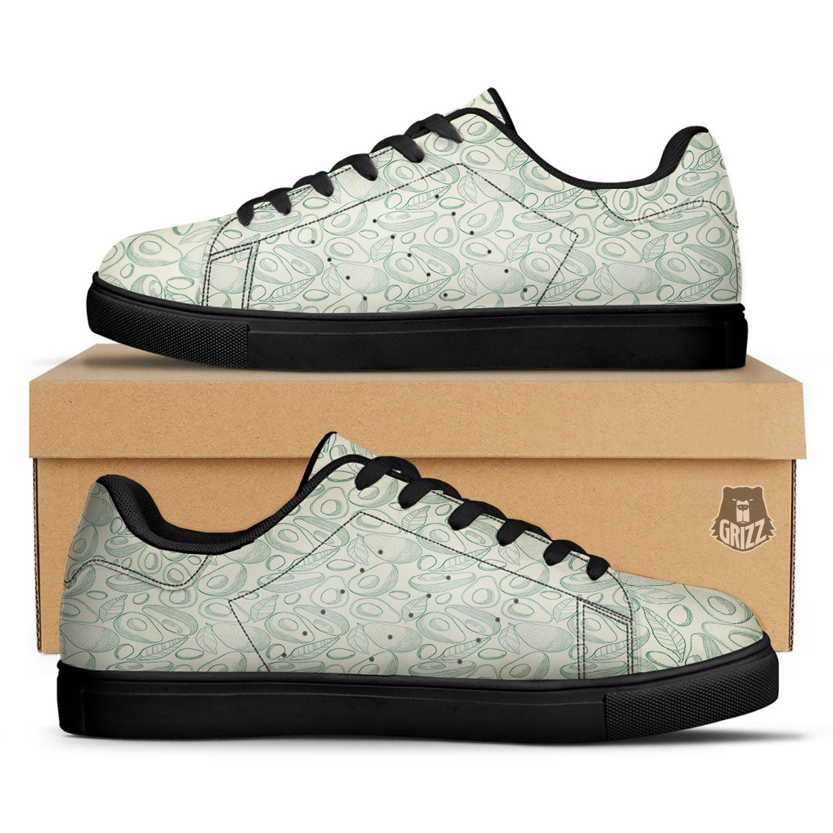 Drawing Avocado Cut In Half Print Black Low Top Sneakers-grizzshop