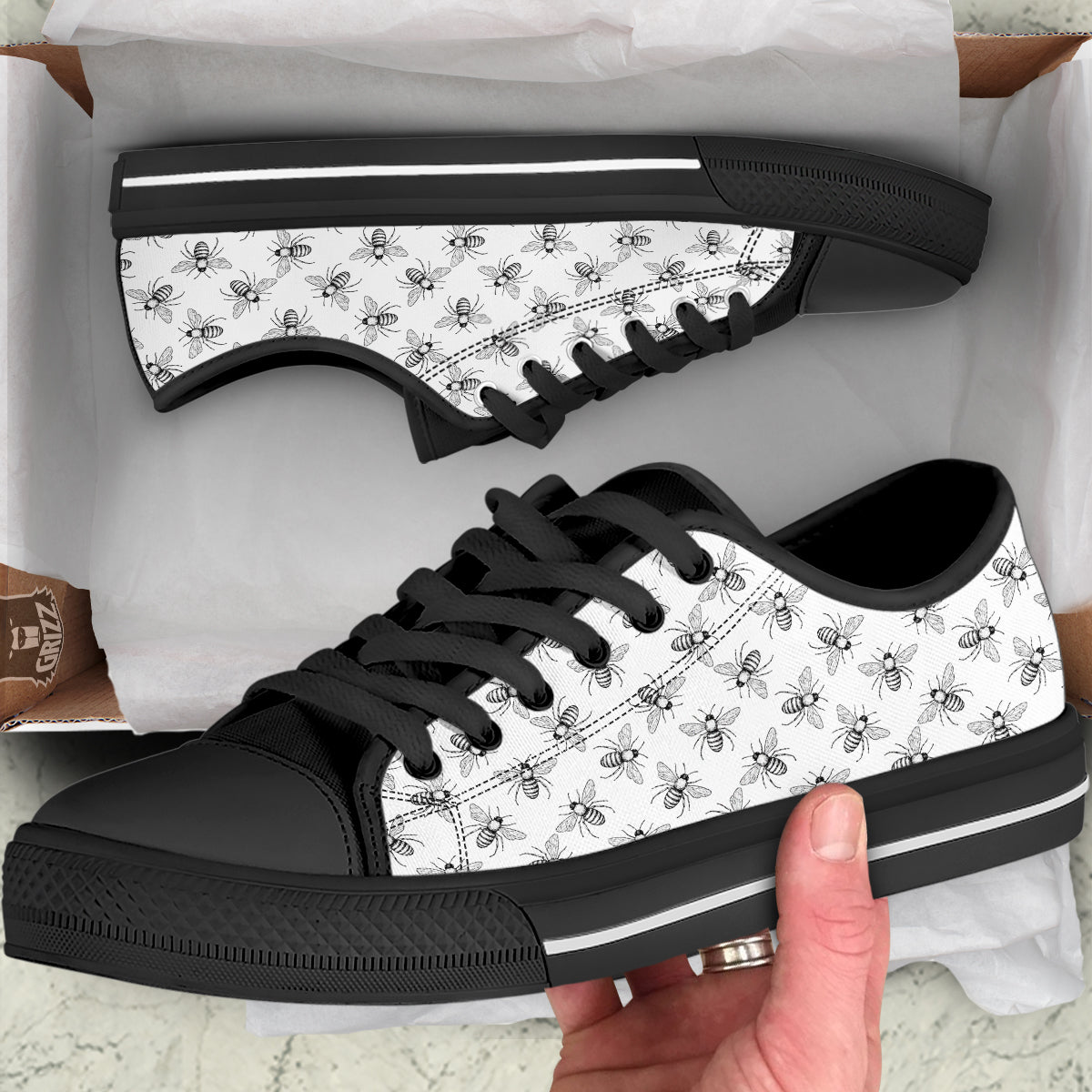 Drawing Bee Print Pattern Black Low Top Shoes-grizzshop