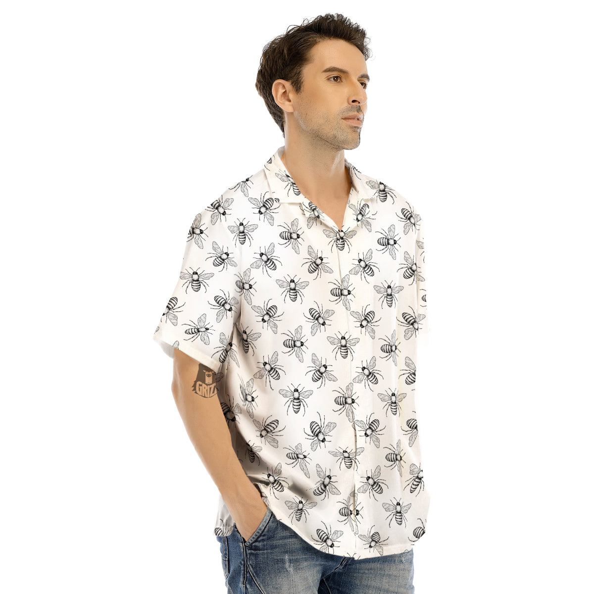 Drawing Bee Print Pattern Men's Hawaiian Shirt-grizzshop