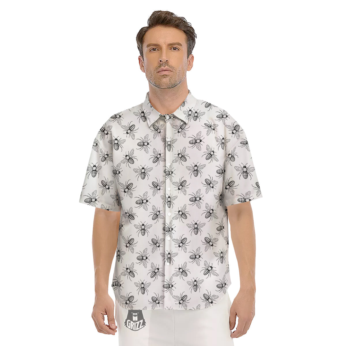 Drawing Bee Print Pattern Men's Short Sleeve Shirts-grizzshop