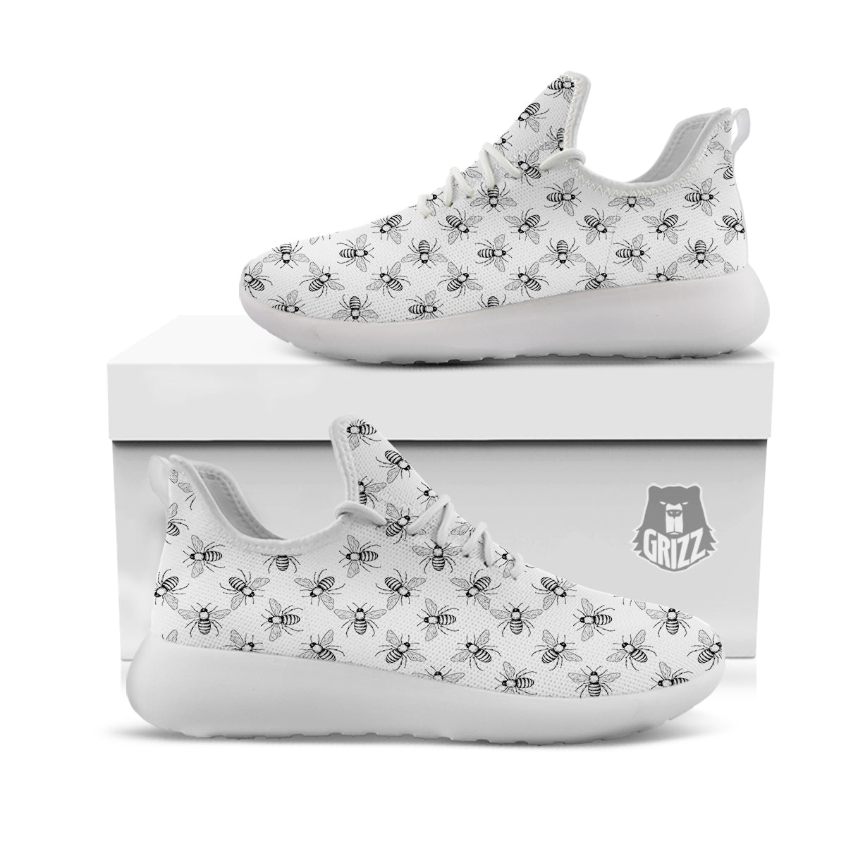 Drawing Bee Print Pattern White Athletic Shoes-grizzshop