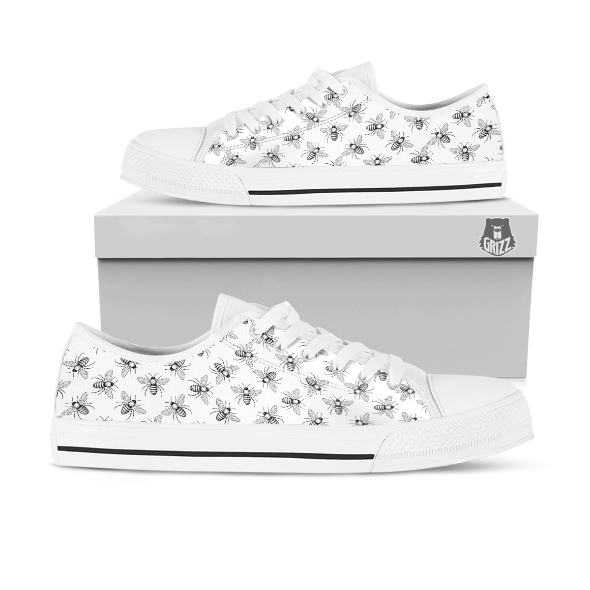 Drawing Bee Print Pattern White Low Top Shoes-grizzshop