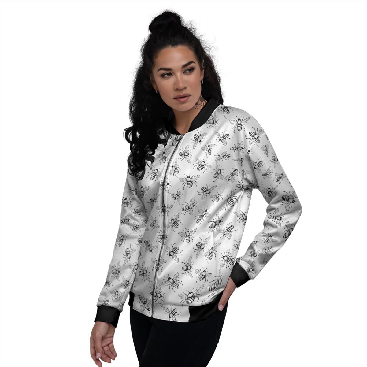 Drawing Bee Print Pattern Women's Bomber Jacket-grizzshop