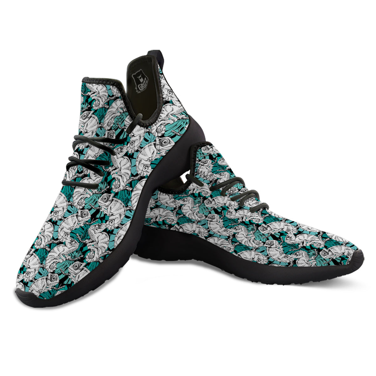 Drawing Chameleon And Monstera Leaf Print Pattern Black Athletic Shoes-grizzshop