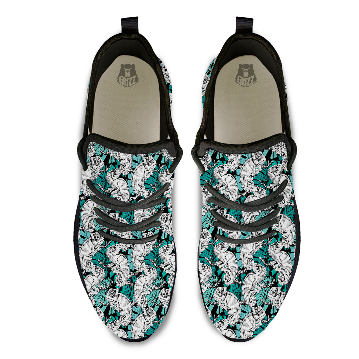 Drawing Chameleon And Monstera Leaf Print Pattern Black Athletic Shoes-grizzshop