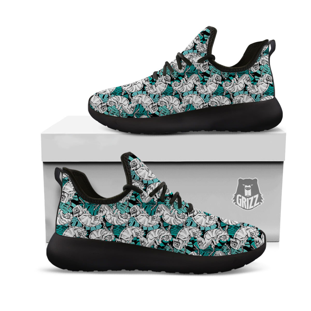Drawing Chameleon And Monstera Leaf Print Pattern Black Athletic Shoes-grizzshop