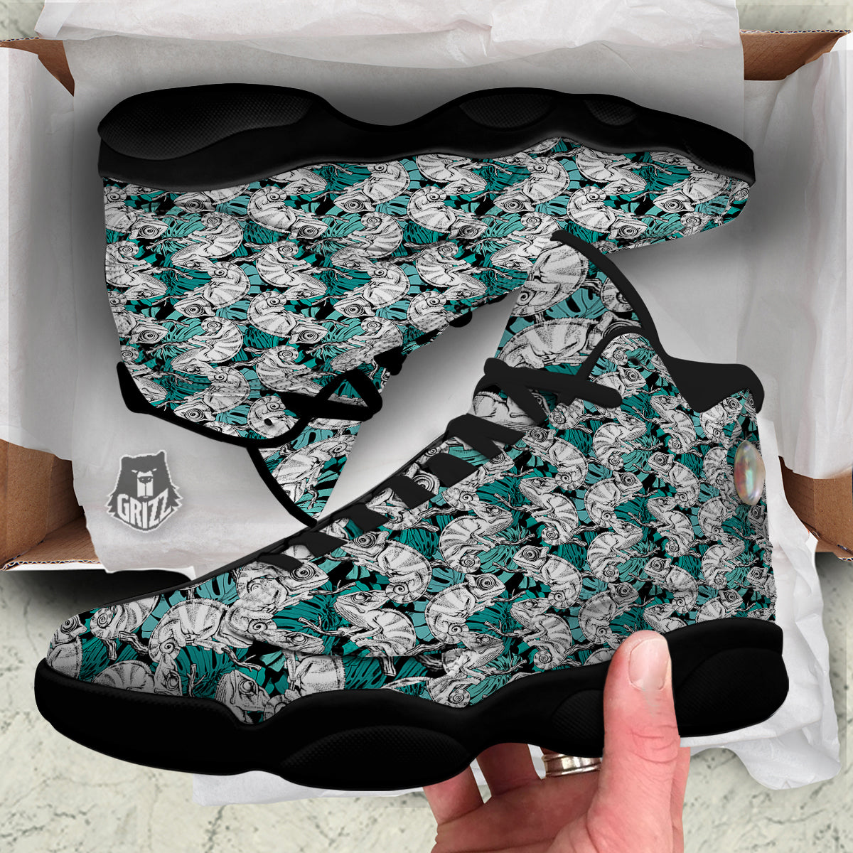 Drawing Chameleon And Monstera Leaf Print Pattern Black Basketball Shoes-grizzshop