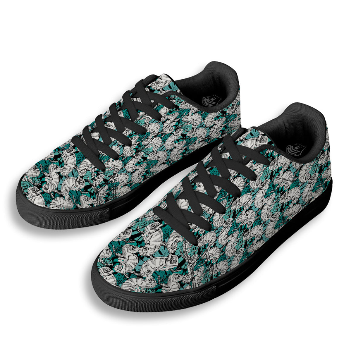 Drawing Chameleon And Monstera Leaf Print Pattern Black Low Top Sneakers-grizzshop