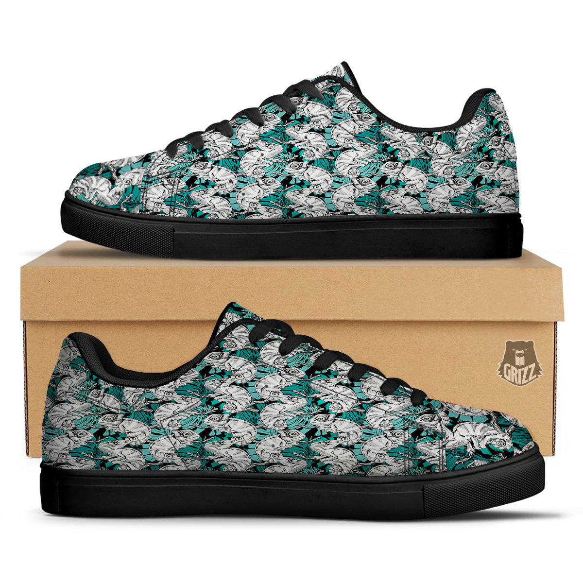 Drawing Chameleon And Monstera Leaf Print Pattern Black Low Top Sneakers-grizzshop