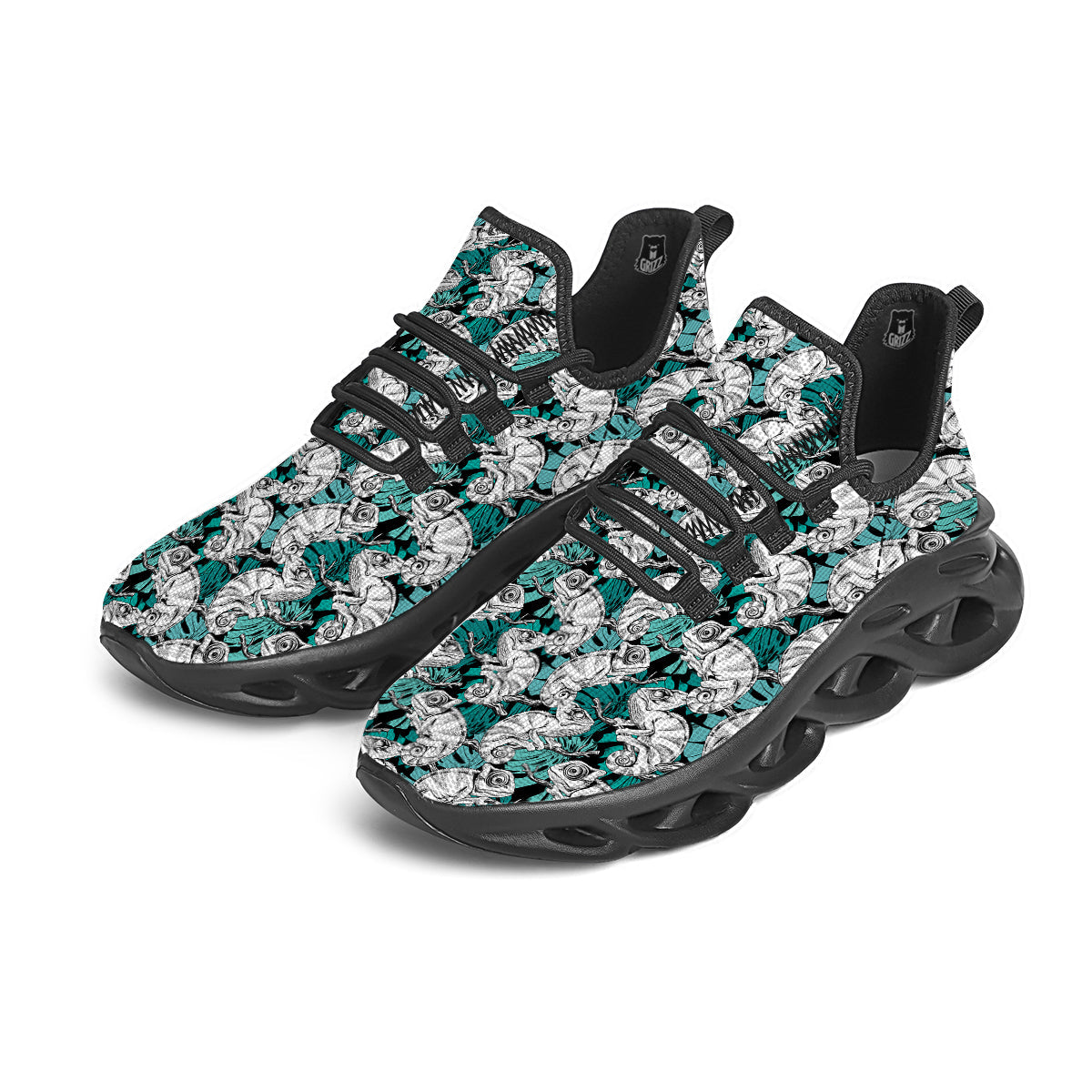 Drawing Chameleon And Monstera Leaf Print Pattern Black Running Shoes-grizzshop