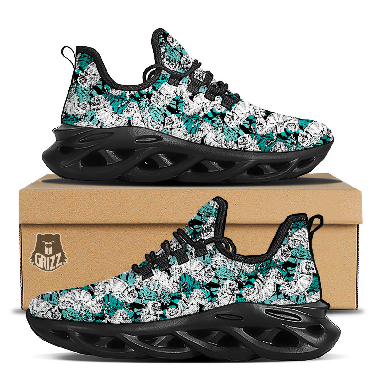 Drawing Chameleon And Monstera Leaf Print Pattern Black Running Shoes-grizzshop