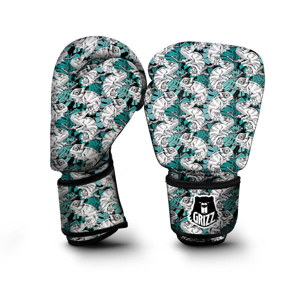 Drawing Chameleon And Monstera Leaf Print Pattern Boxing Gloves-grizzshop