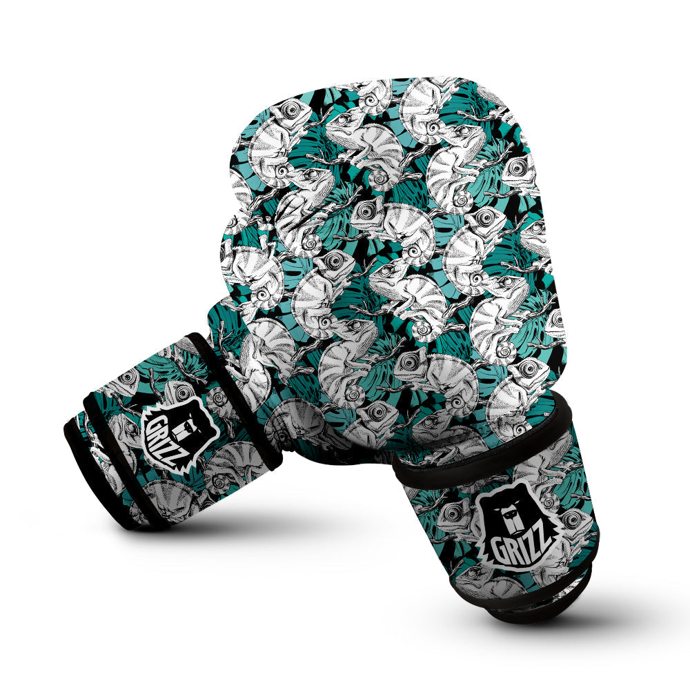 Drawing Chameleon And Monstera Leaf Print Pattern Boxing Gloves-grizzshop