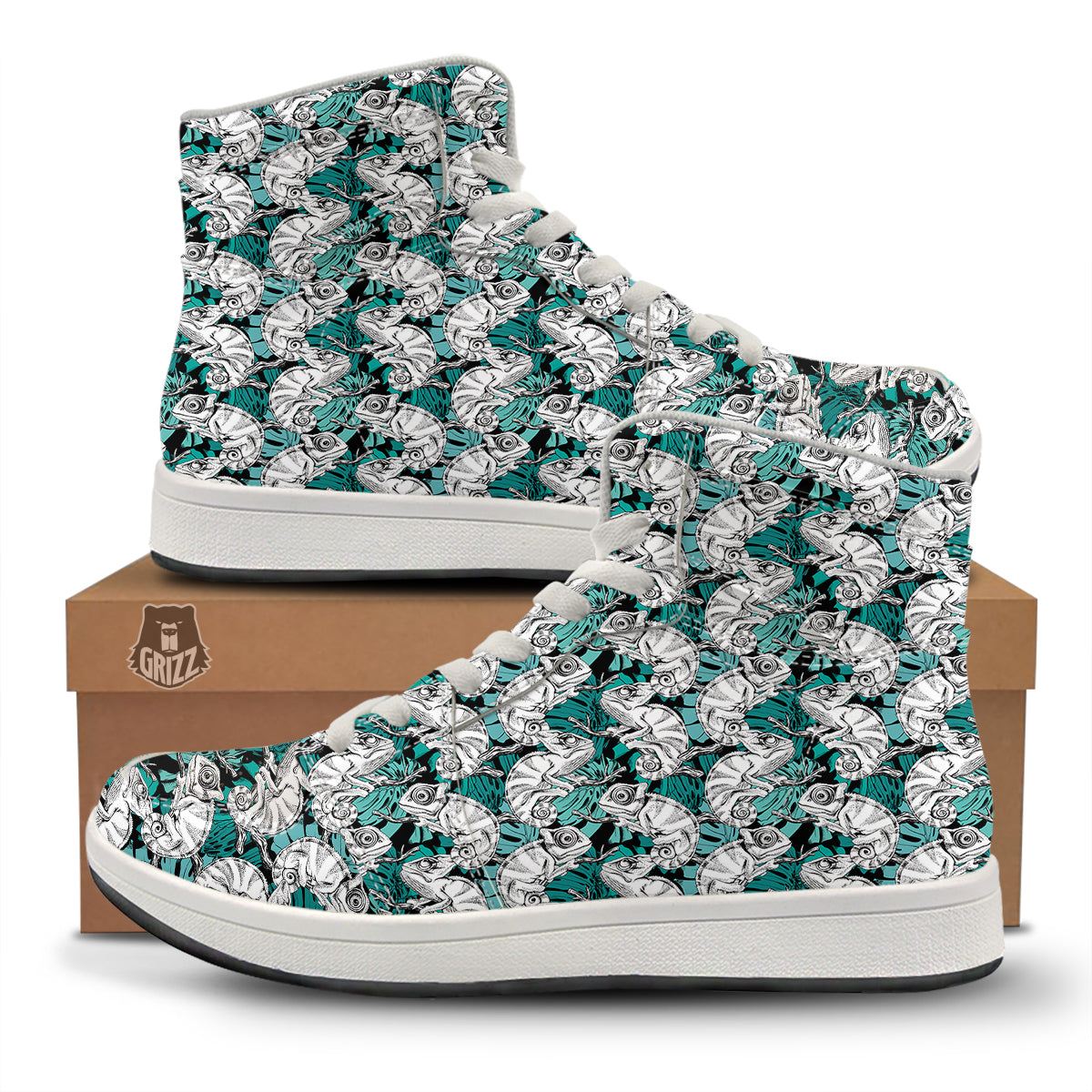 Drawing Chameleon And Monstera Leaf Print Pattern High Top Sneakers-grizzshop