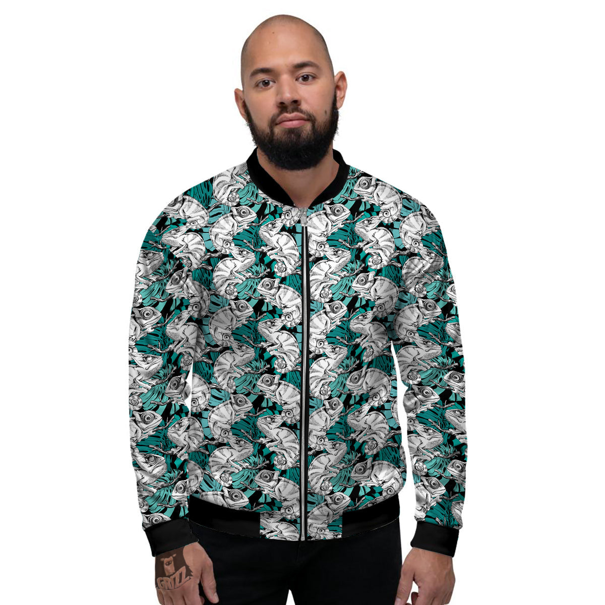 Drawing Chameleon And Monstera Leaf Print Pattern Men's Bomber Jacket-grizzshop