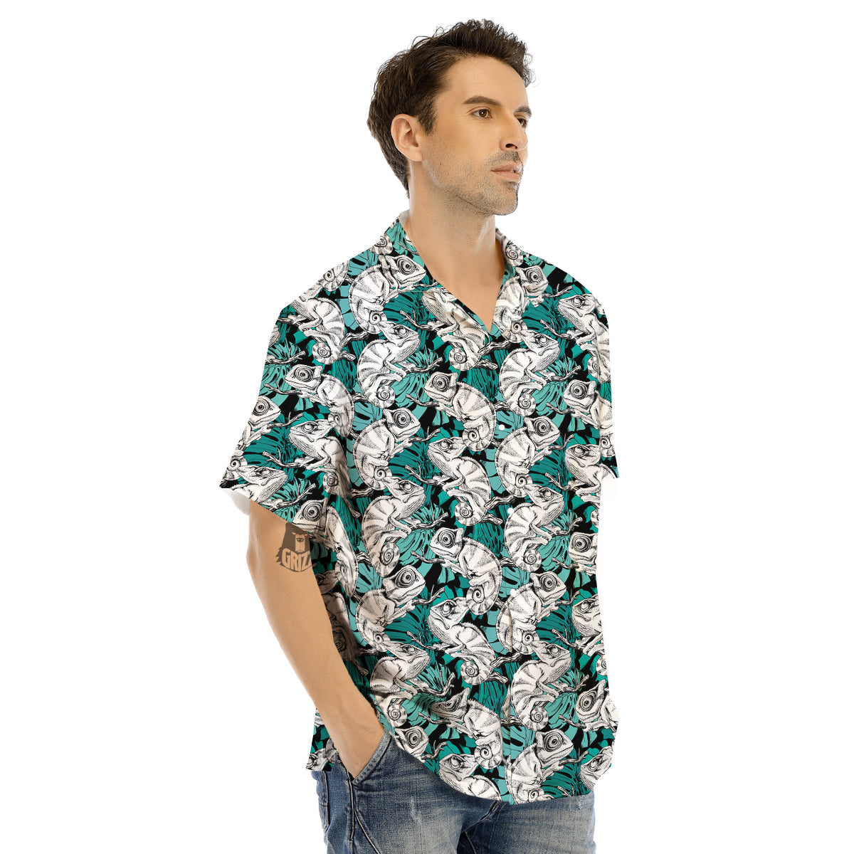 Drawing Chameleon And Monstera Leaf Print Pattern Men's Hawaiian Shirt-grizzshop