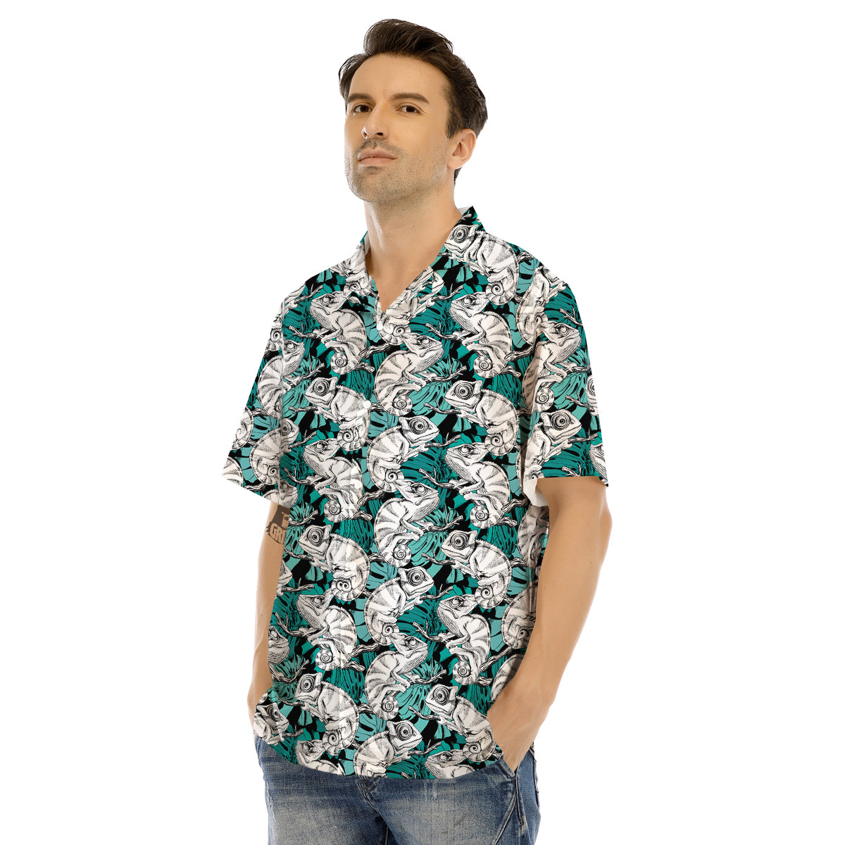 Drawing Chameleon And Monstera Leaf Print Pattern Men's Hawaiian Shirt-grizzshop