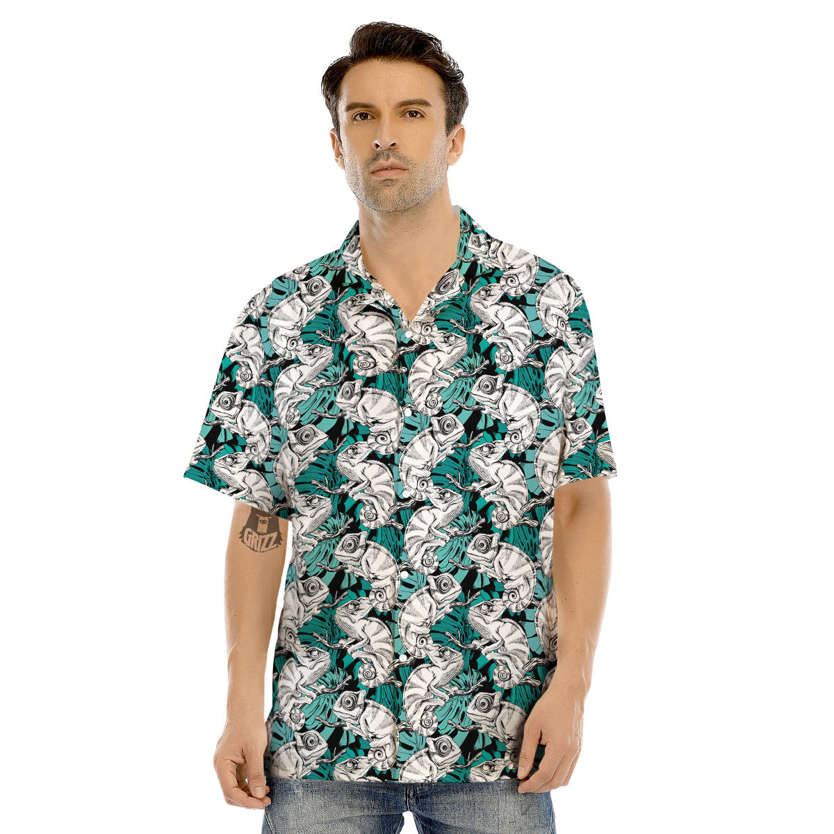 Drawing Chameleon And Monstera Leaf Print Pattern Men's Hawaiian Shirt-grizzshop
