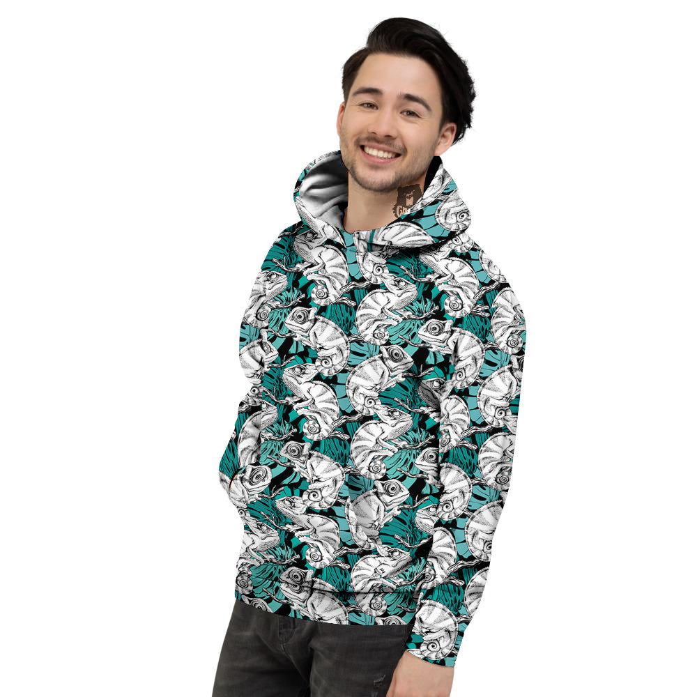 Drawing Chameleon And Monstera Leaf Print Pattern Men's Hoodie-grizzshop