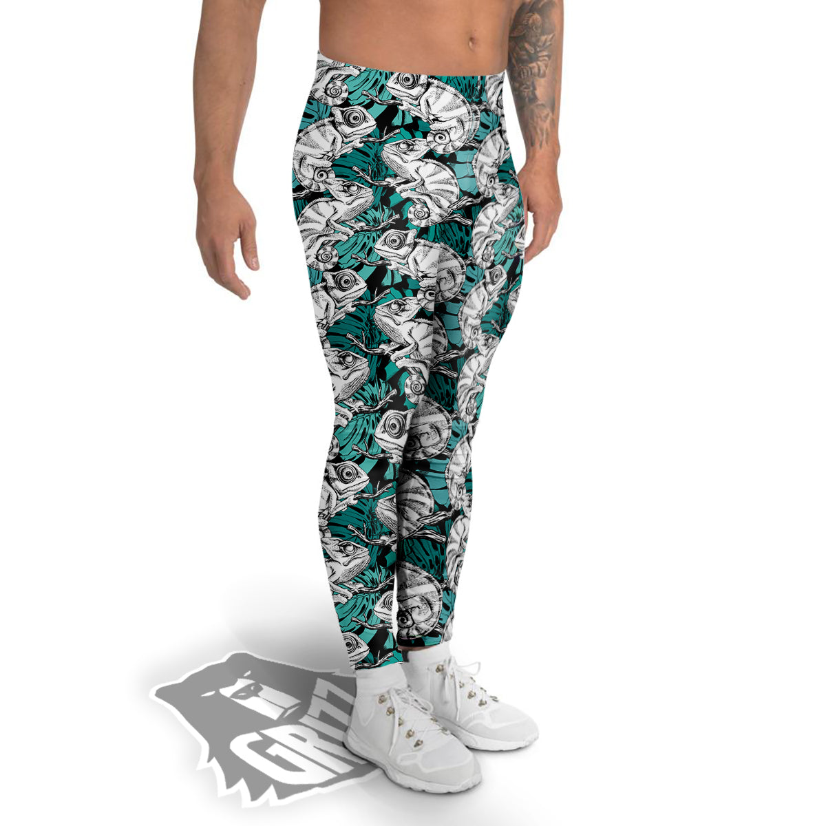 Drawing Chameleon And Monstera Leaf Print Pattern Men's Leggings-grizzshop