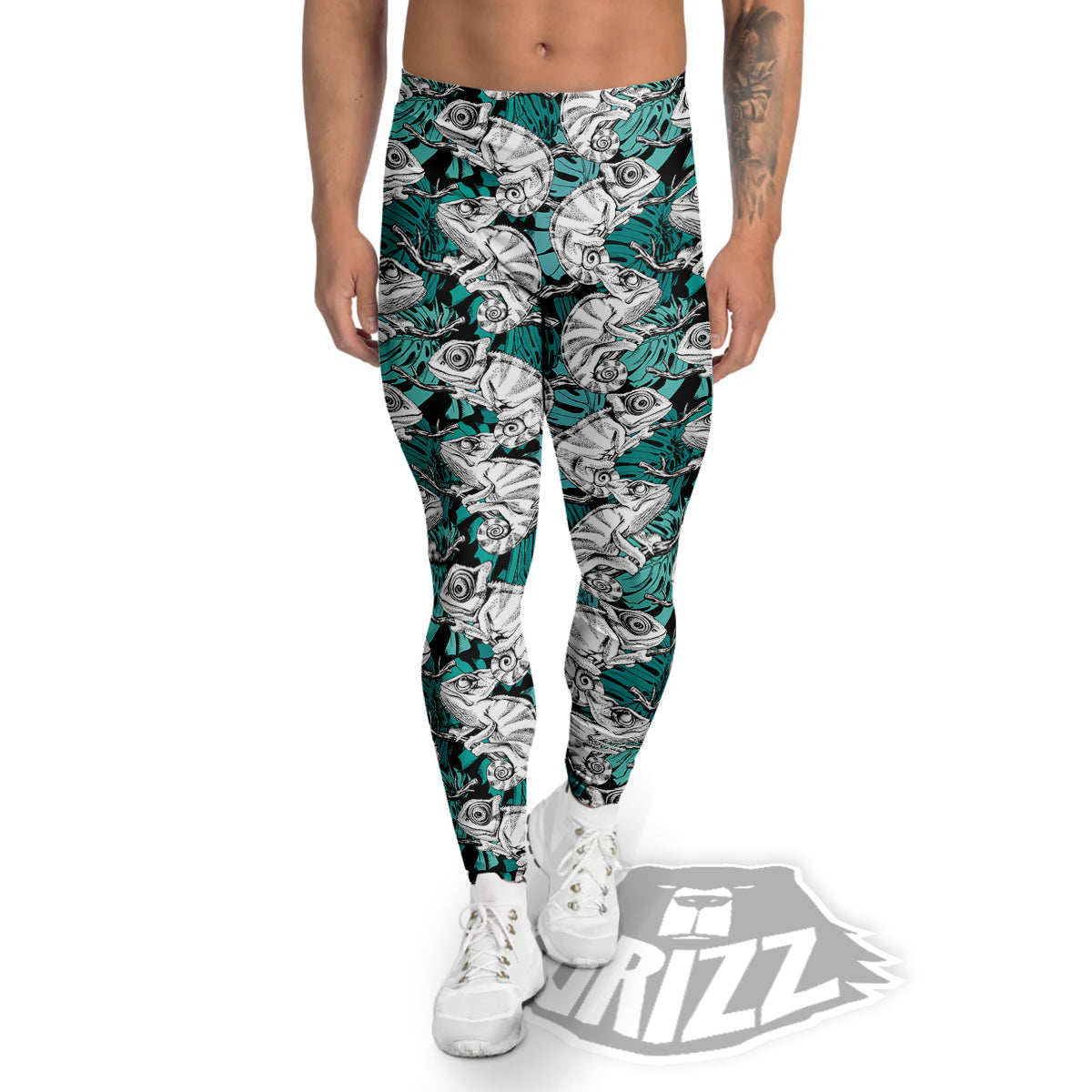 Drawing Chameleon And Monstera Leaf Print Pattern Men's Leggings-grizzshop