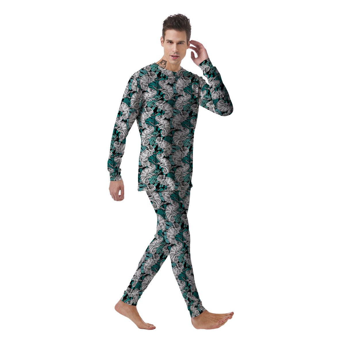 Drawing Chameleon And Monstera Leaf Print Pattern Men's Pajamas-grizzshop