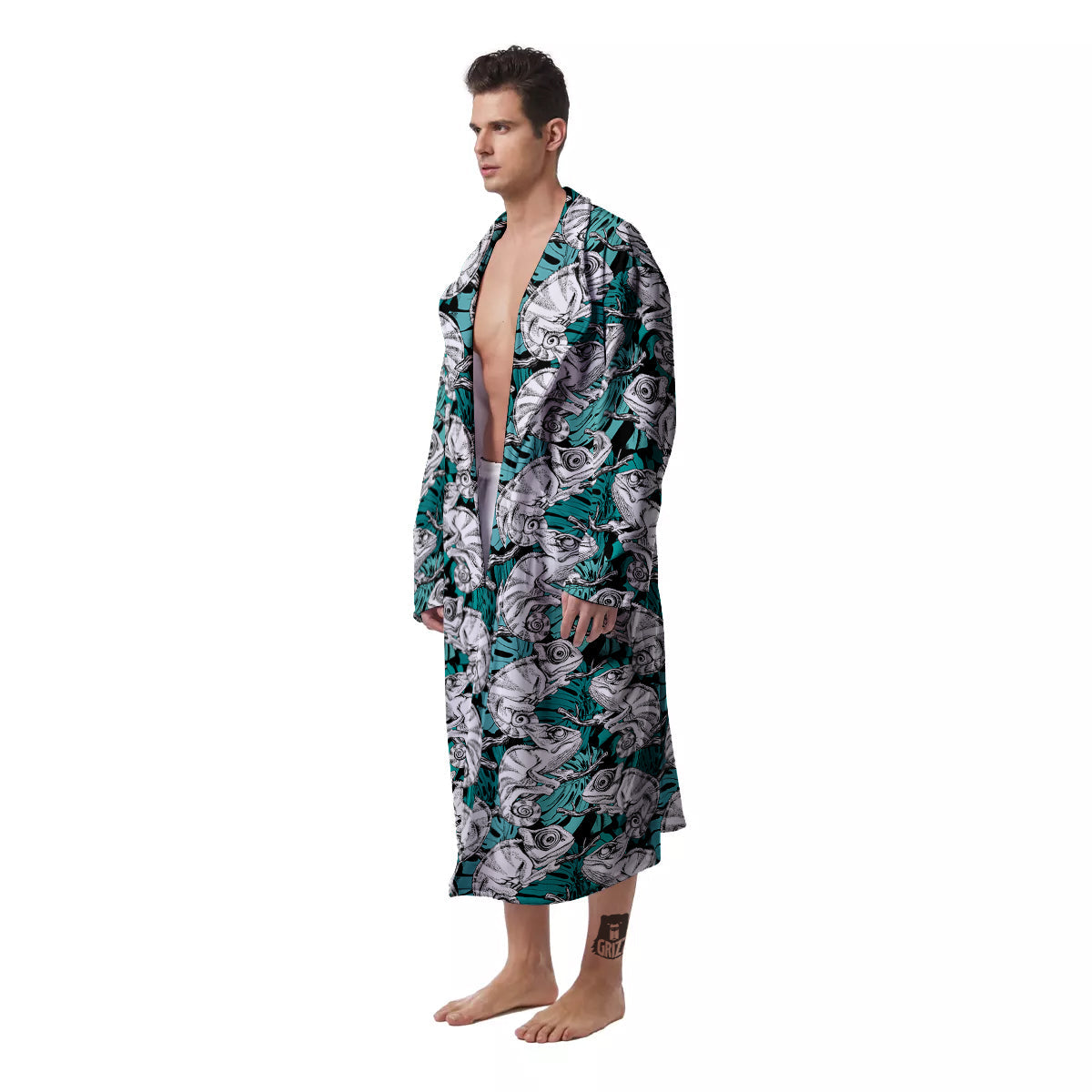 Drawing Chameleon And Monstera Leaf Print Pattern Men's Robe-grizzshop
