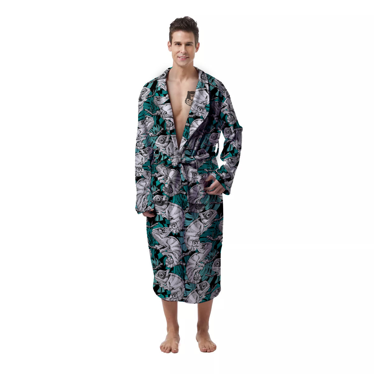 Drawing Chameleon And Monstera Leaf Print Pattern Men's Robe-grizzshop