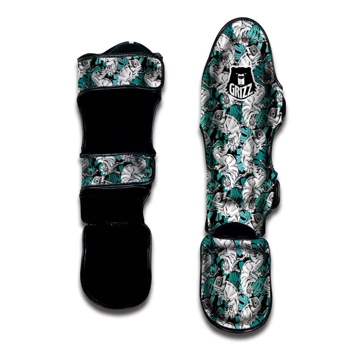 Drawing Chameleon And Monstera Leaf Print Pattern Muay Thai Shin Guards-grizzshop