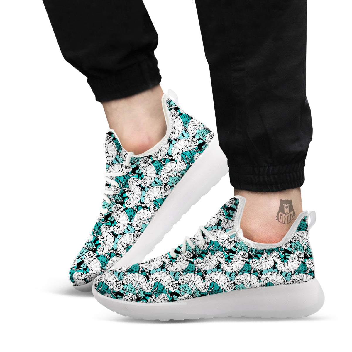 Drawing Chameleon And Monstera Leaf Print Pattern White Athletic Shoes-grizzshop