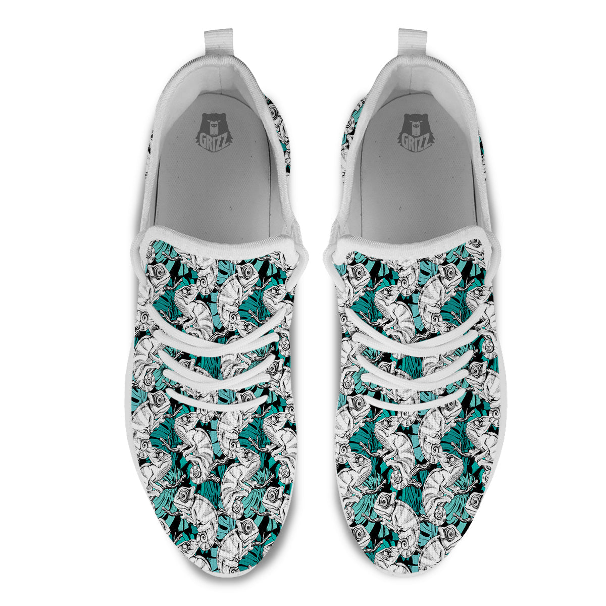 Drawing Chameleon And Monstera Leaf Print Pattern White Athletic Shoes-grizzshop