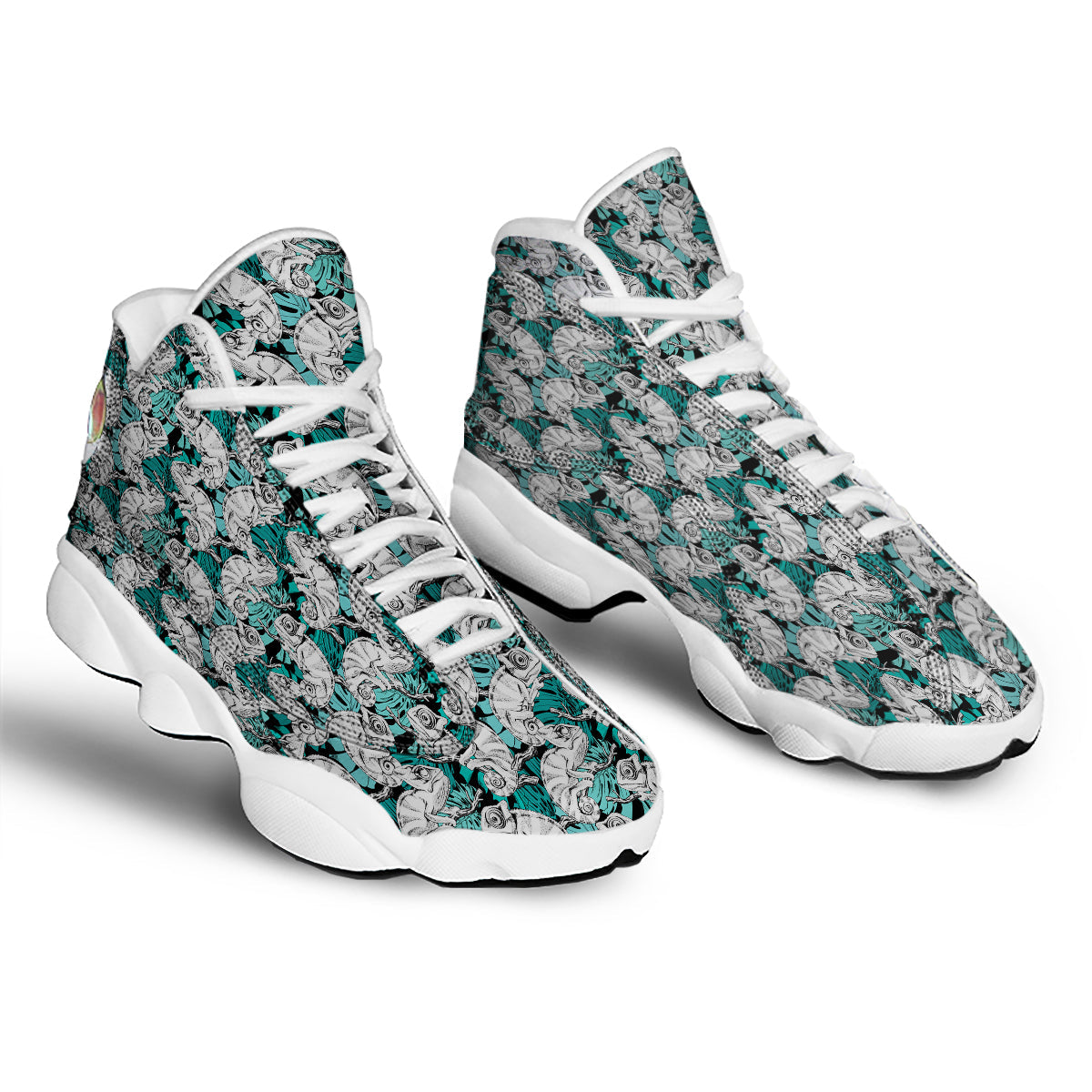 Drawing Chameleon And Monstera Leaf Print Pattern White Basketball Shoes-grizzshop