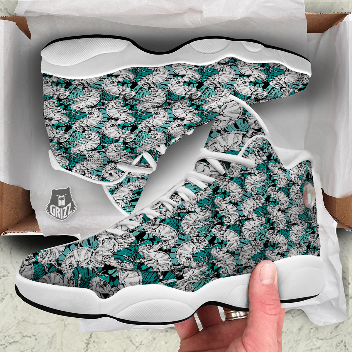 Drawing Chameleon And Monstera Leaf Print Pattern White Basketball Shoes-grizzshop