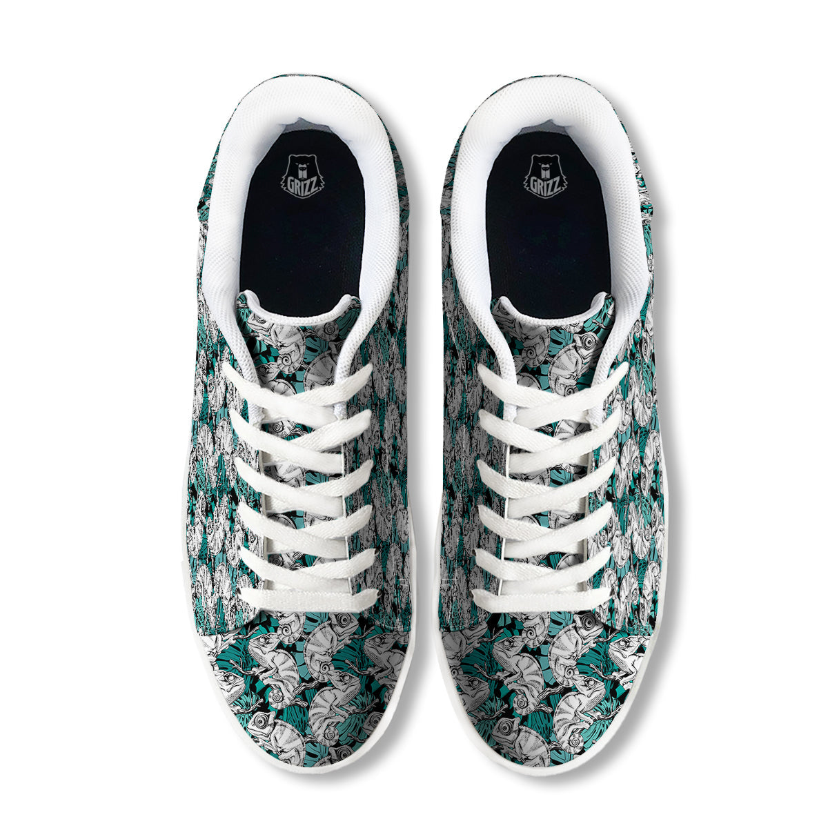 Drawing Chameleon And Monstera Leaf Print Pattern White Low Top Sneakers-grizzshop