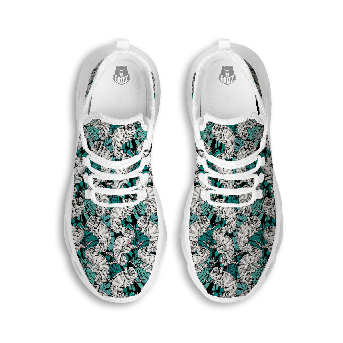 Drawing Chameleon And Monstera Leaf Print Pattern White Running Shoes-grizzshop