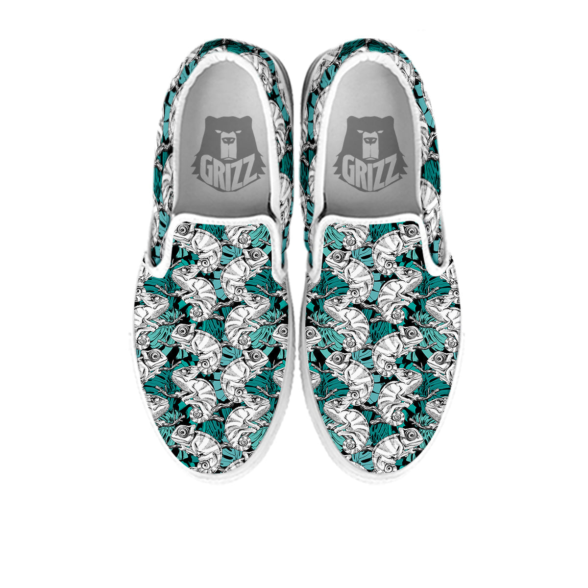 Drawing Chameleon And Monstera Leaf Print Pattern White Slip On Shoes-grizzshop