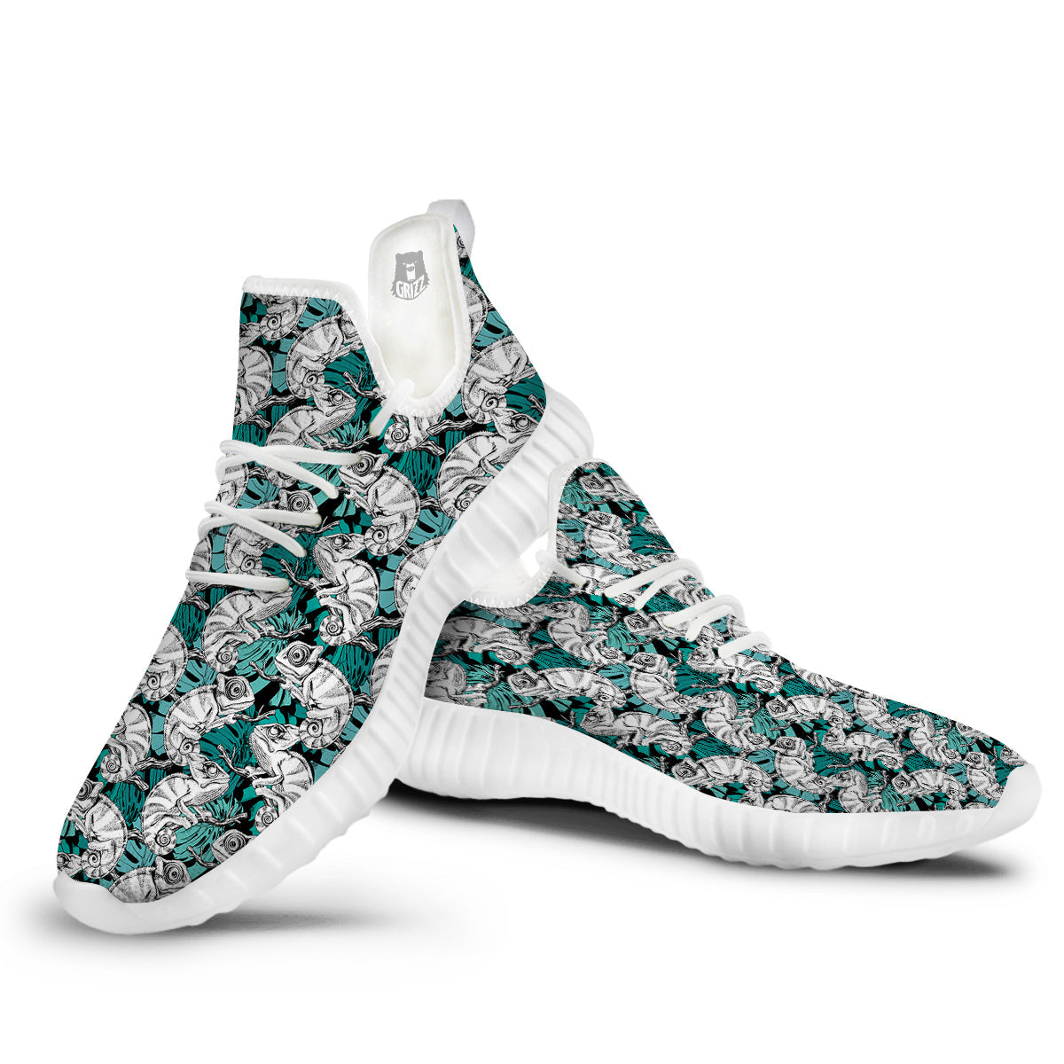 Drawing Chameleon And Monstera Leaf Print Pattern White Walking Shoes-grizzshop