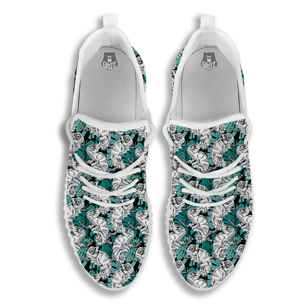 Drawing Chameleon And Monstera Leaf Print Pattern White Walking Shoes-grizzshop