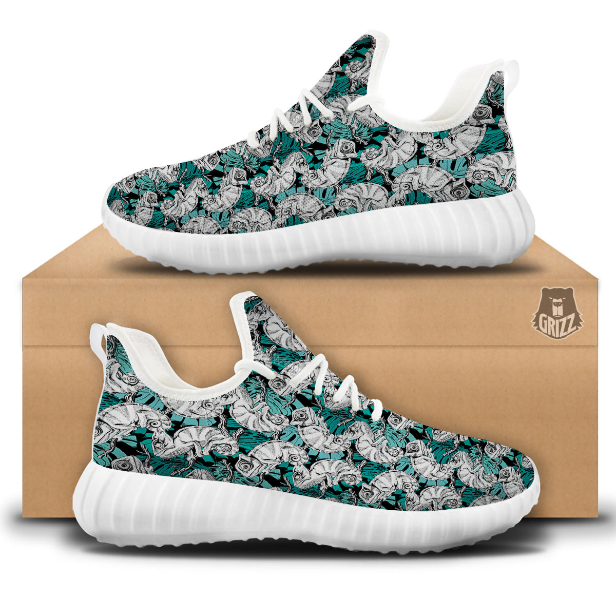 Drawing Chameleon And Monstera Leaf Print Pattern White Walking Shoes-grizzshop