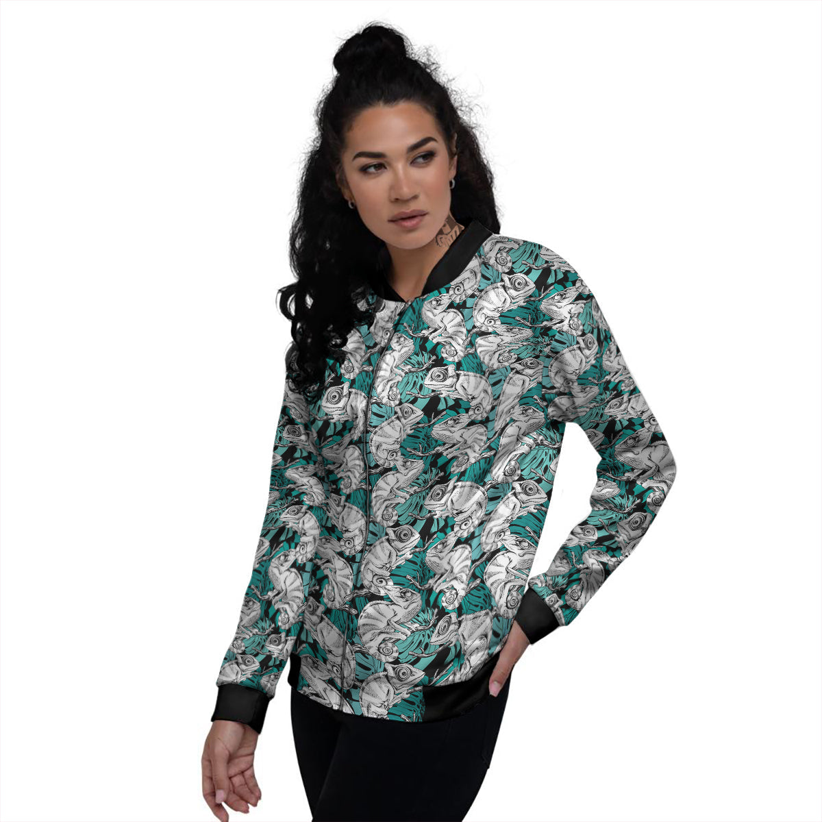 Drawing Chameleon And Monstera Leaf Print Pattern Women's Bomber Jacket-grizzshop