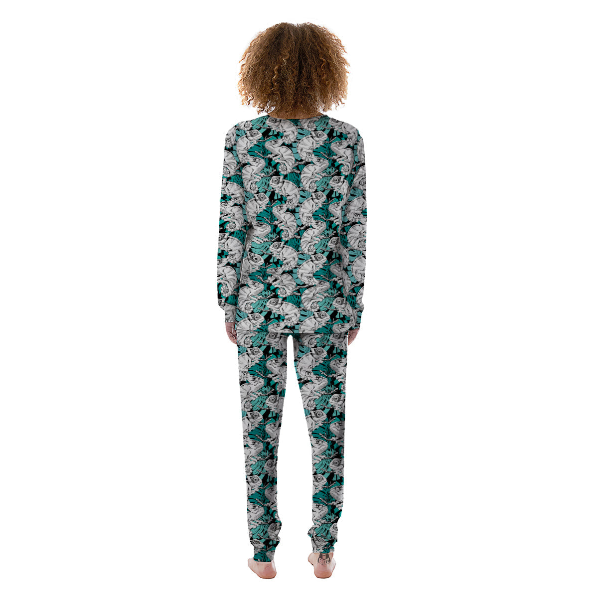 Drawing Chameleon And Monstera Leaf Print Pattern Women's Pajamas-grizzshop