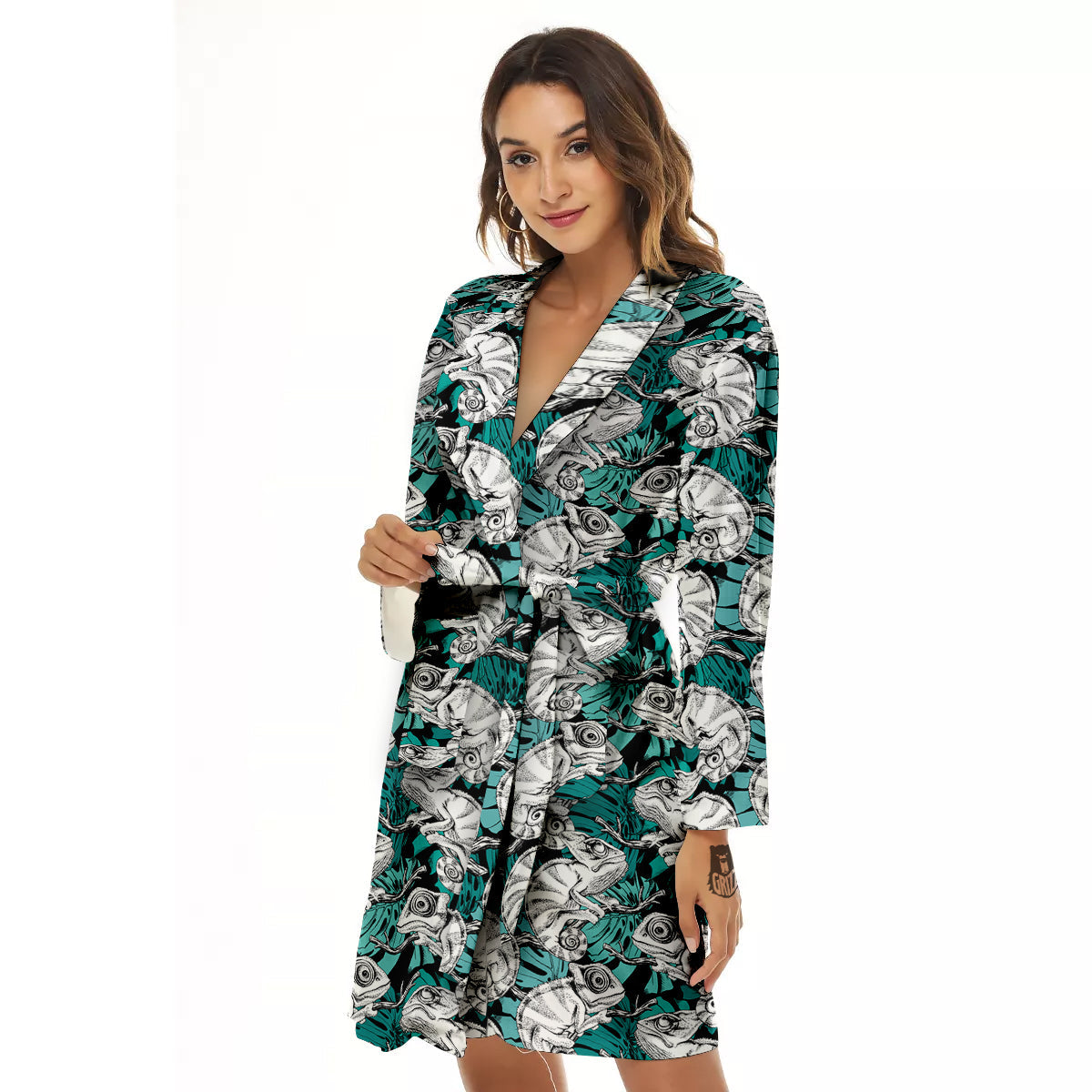 Drawing Chameleon And Monstera Leaf Print Pattern Women's Robe-grizzshop